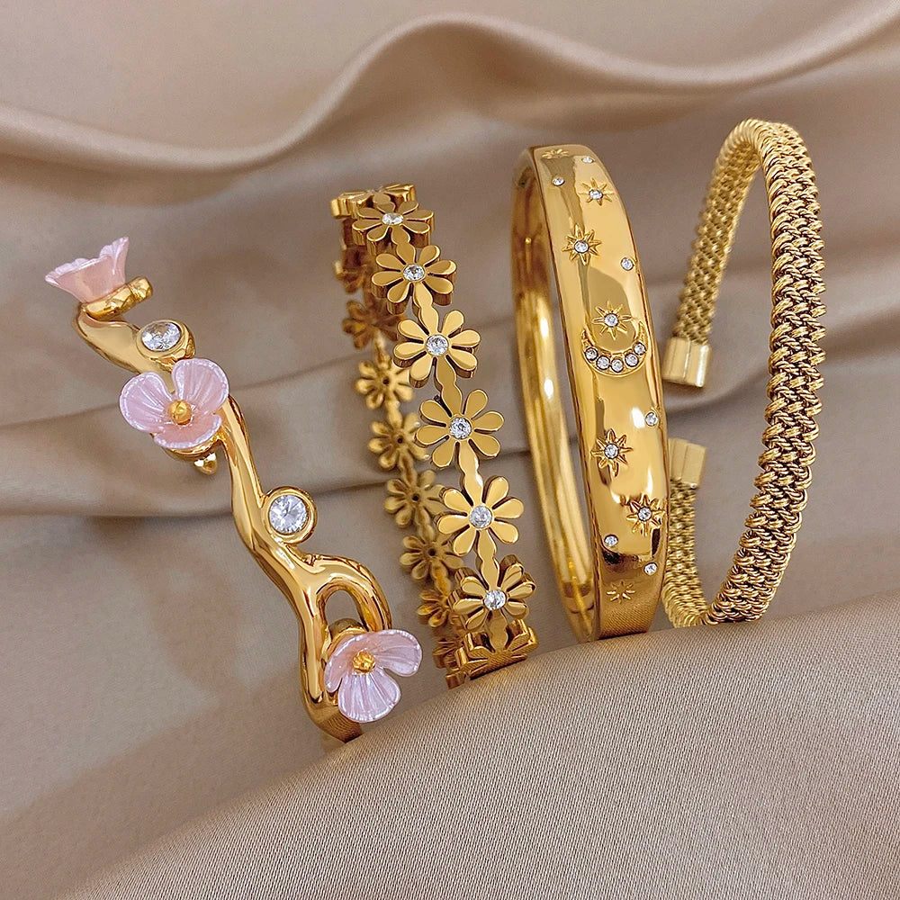 Jonc Manchette Fleur Zircon – Acier Inoxydable Doré