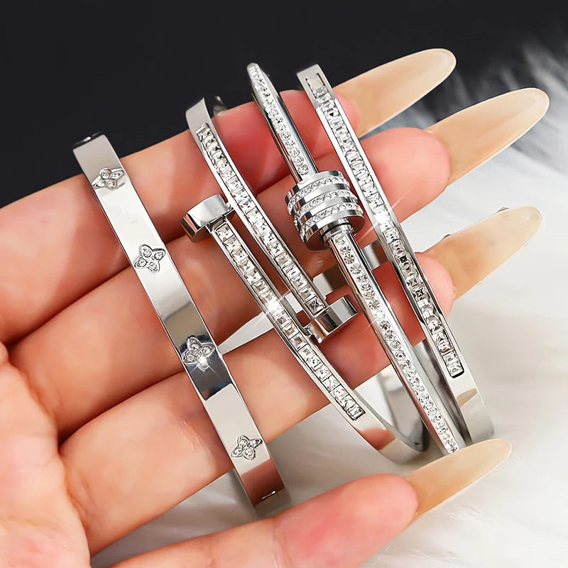Bracelet Jonc Trèfle en Acier inoxydable avec Zircone