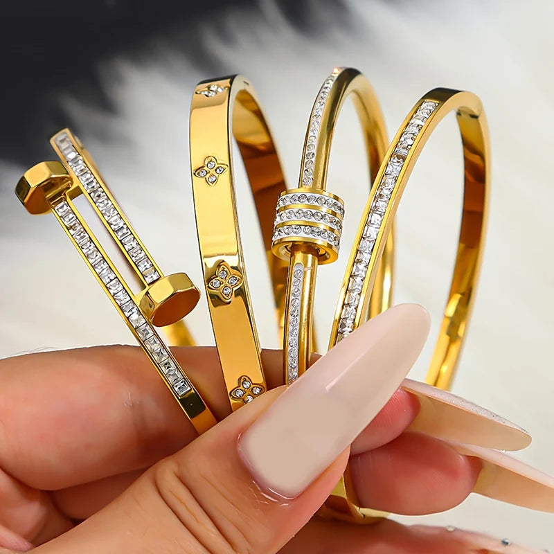 Bracelet Jonc Trèfle en Acier inoxydable avec Zircone