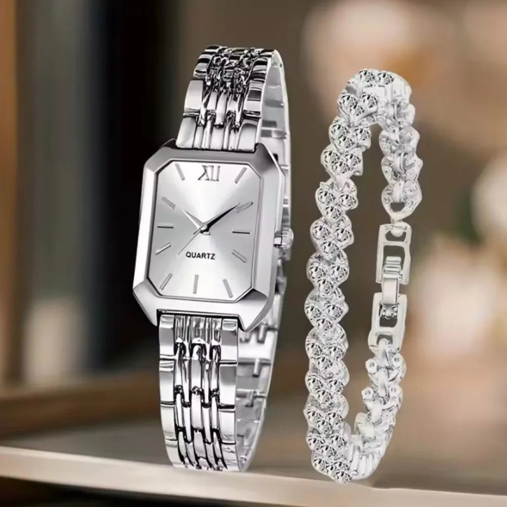 Montre Femme Quartz Bracelet Acier – Strass & Élégance
