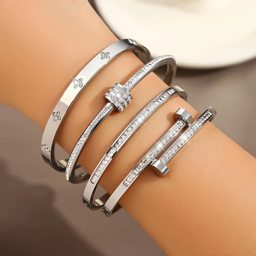 Bracelet Jonc Trèfle en Acier inoxydable avec Zircone